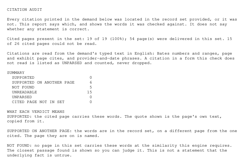 Synthetic demo case, no real patient data. The head of the citation audit: what the report says, and the share of cited pages found in the record set.