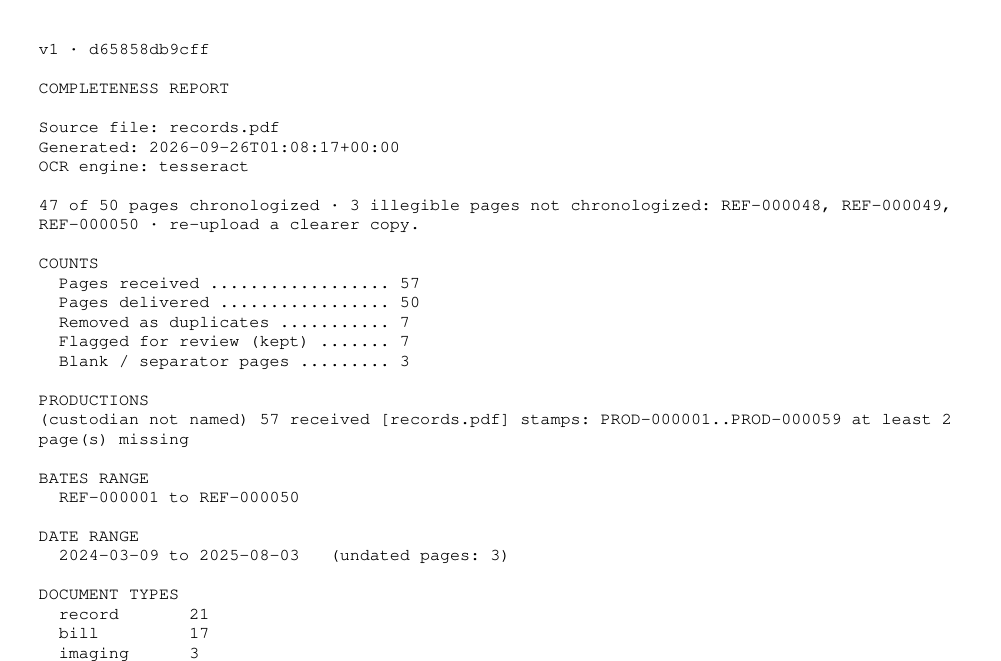 Synthetic demo case, no real patient data. The head of the completeness report: the counts received, delivered and removed, and the production's stamp range.