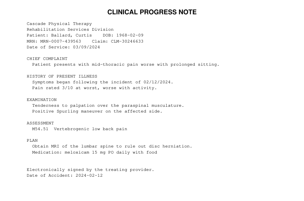 Synthetic demo case, no real patient data. A page of the delivered record set: a clinical progress note with the producer's stamp and the Bates number printed at its foot.